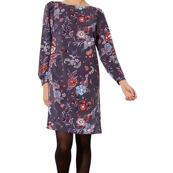 LOFT NOUVEAU GARDEN FLORAL LONG SLEEVE CASUAL SHIFT DRESS IN GRAY WOMEN'S SIZE 8 - Picture 1 of 15